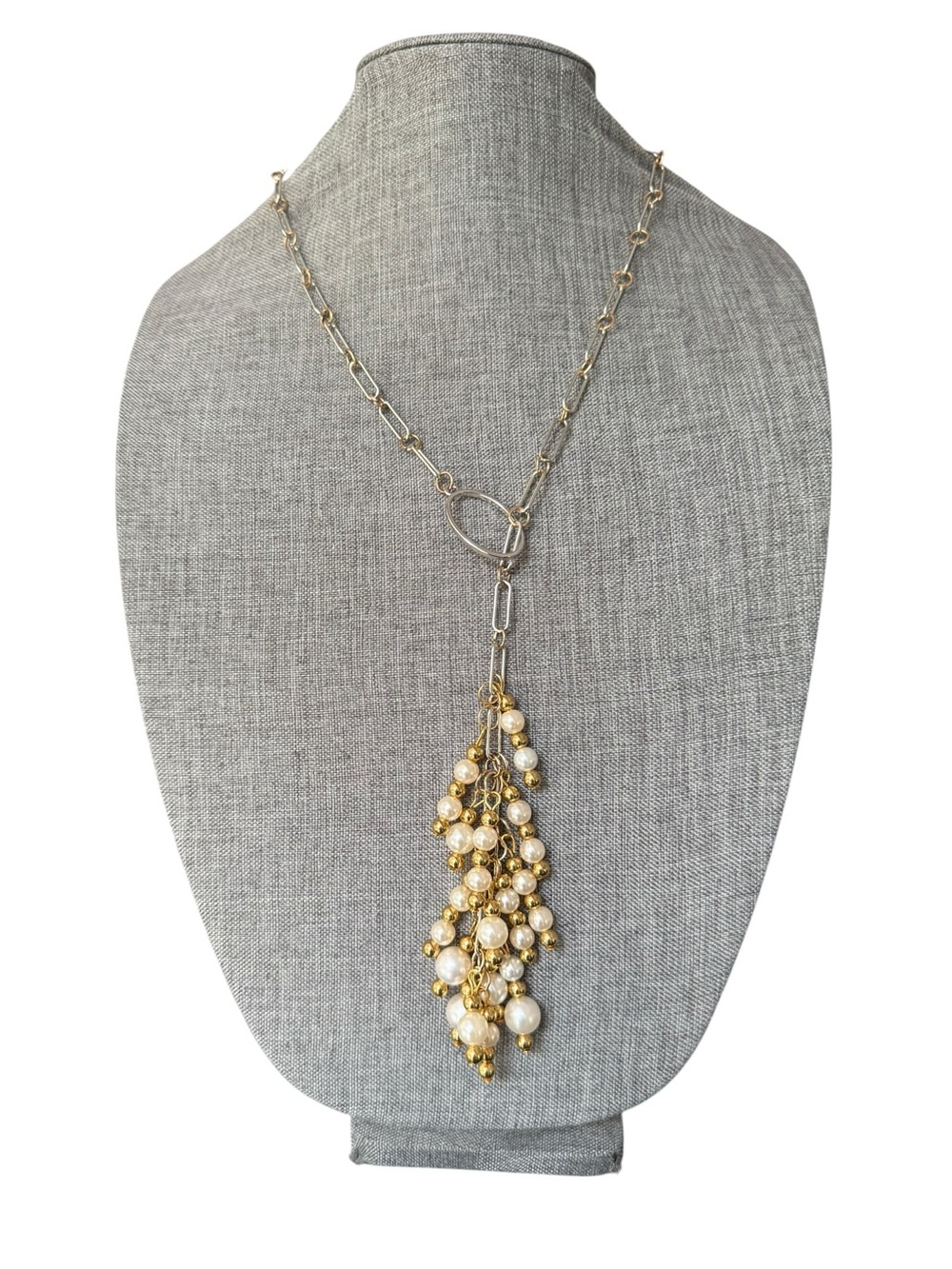 Mixed Metal Silver Gold Pearl Cluster Tassel Lariat Necklace Chain Statement 28”